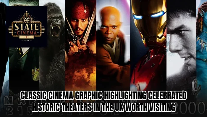 Classic cinema graphic highlighting celebrated historic theaters in the UK worth visiting