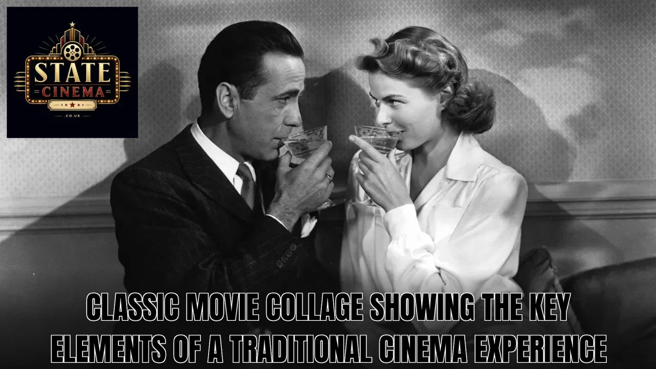 Classic movie collage showing the key elements of a traditional cinema experience