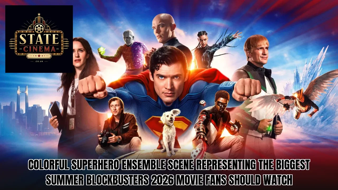 Colorful superhero ensemble scene representing the biggest summer blockbusters 2026 movie fans should watch