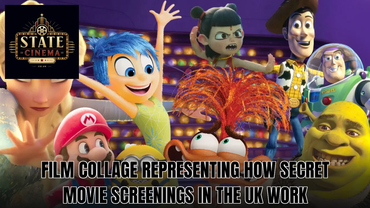 Film collage representing how secret movie screenings in the UK work