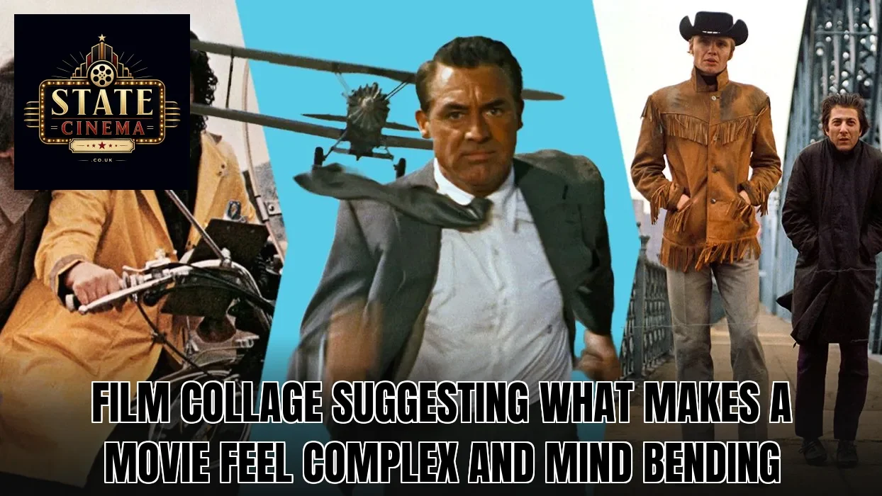 Film collage suggesting what makes a movie feel complex and mind bending