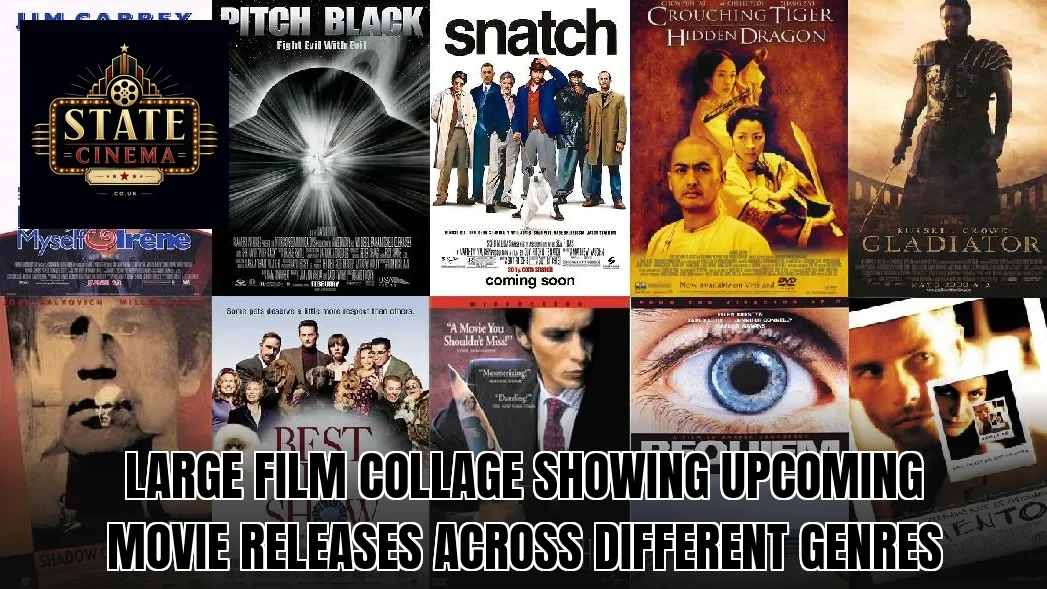 Large film collage showing upcoming movie releases across different genres