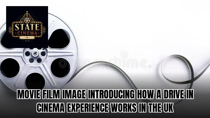 Movie film image introducing how a drive in cinema experience works in the UK