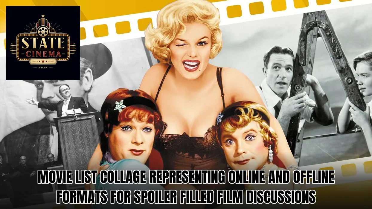 Movie list collage representing online and offline formats for spoiler filled film discussions