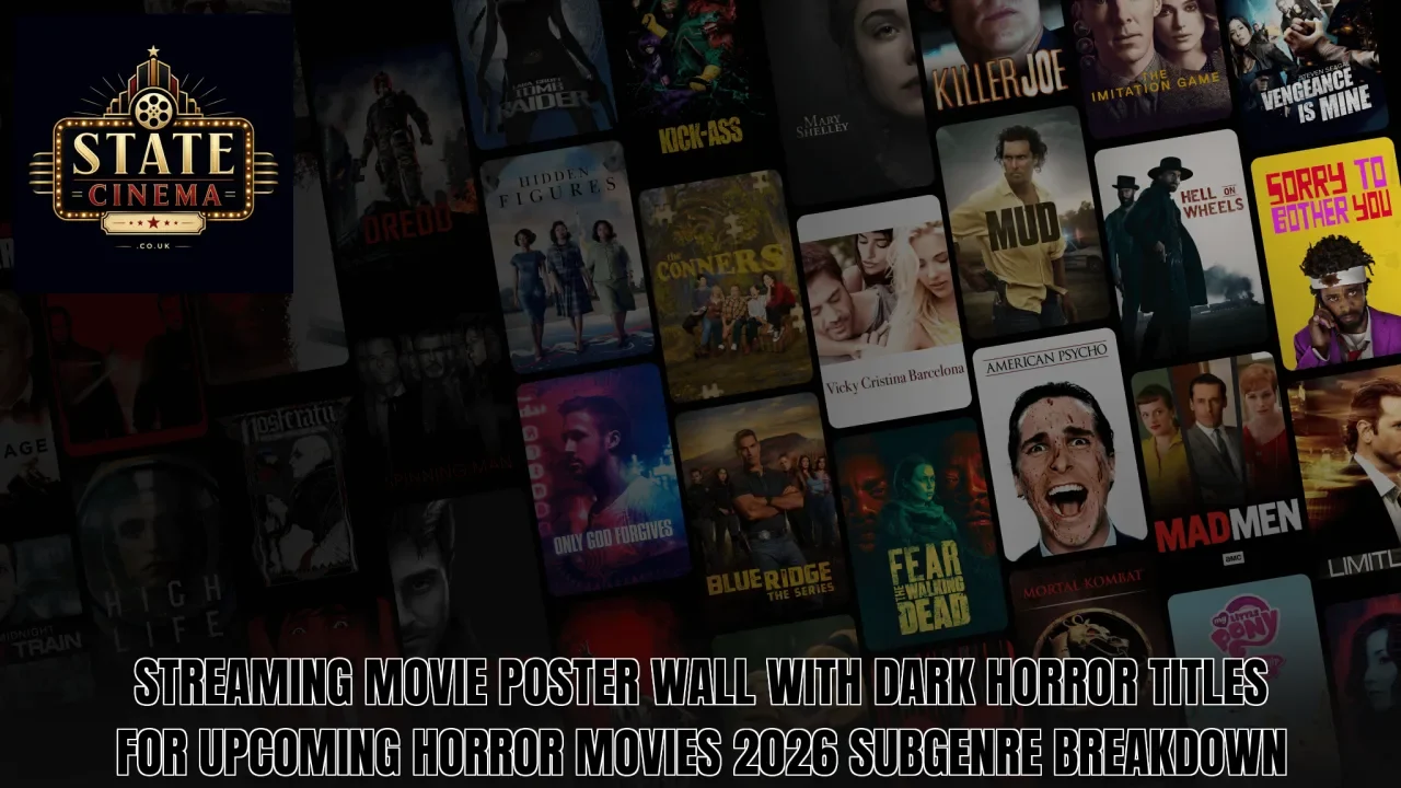 Streaming movie poster wall with dark horror titles for upcoming horror movies 2026 subgenre breakdown