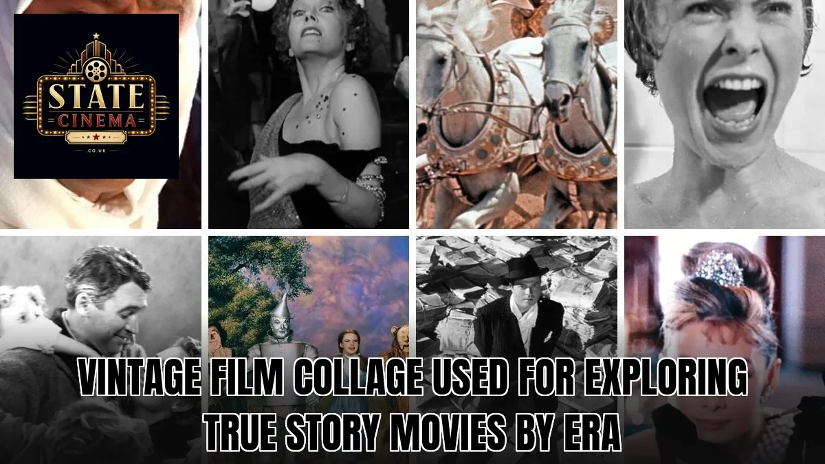 Vintage film collage used for exploring true story movies by era