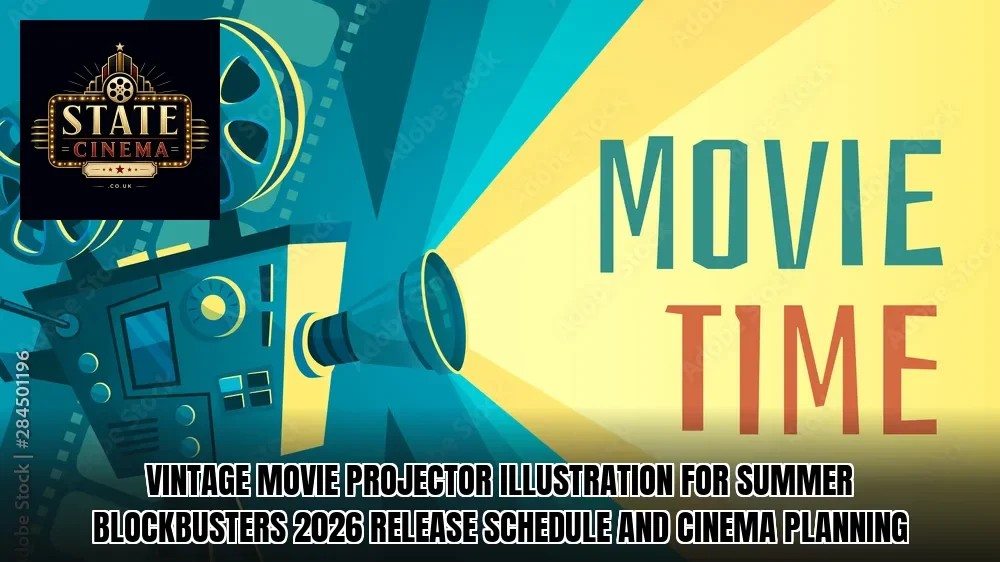 Vintage movie projector illustration for summer blockbusters 2026 release schedule and cinema planning